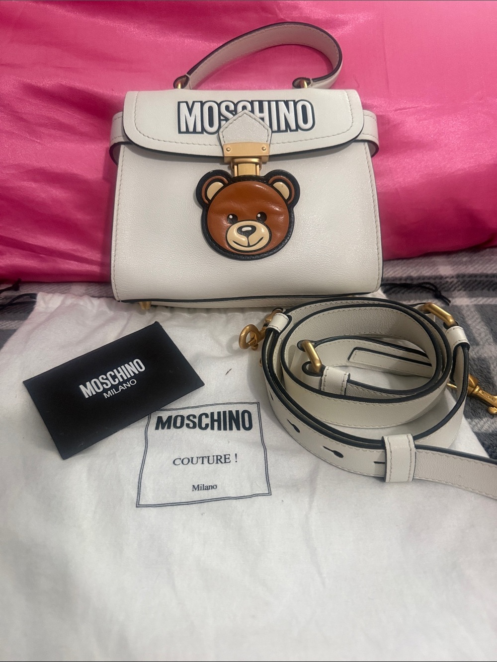 Moschino White Leather Teddy Face Satchel with Gold Hardware
